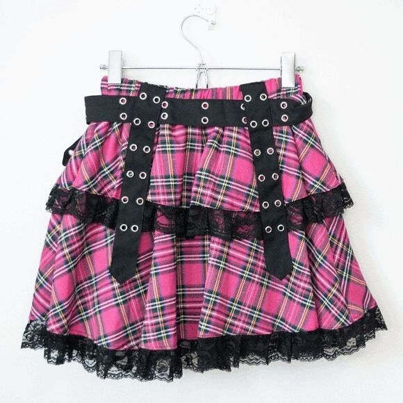 Gloomy Bear Hot Pink & Purple Checkered Punk Rock, Emo, Rave Skirt - Picture 2 of 2